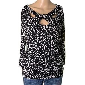 JLo Jennifer Lopez Womens Top Blouse Shirt Triple Keyhole Black White Medium